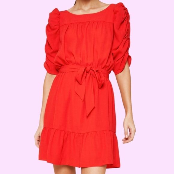 Red Ruched Sleeve Dress  - Picture 5 of 8